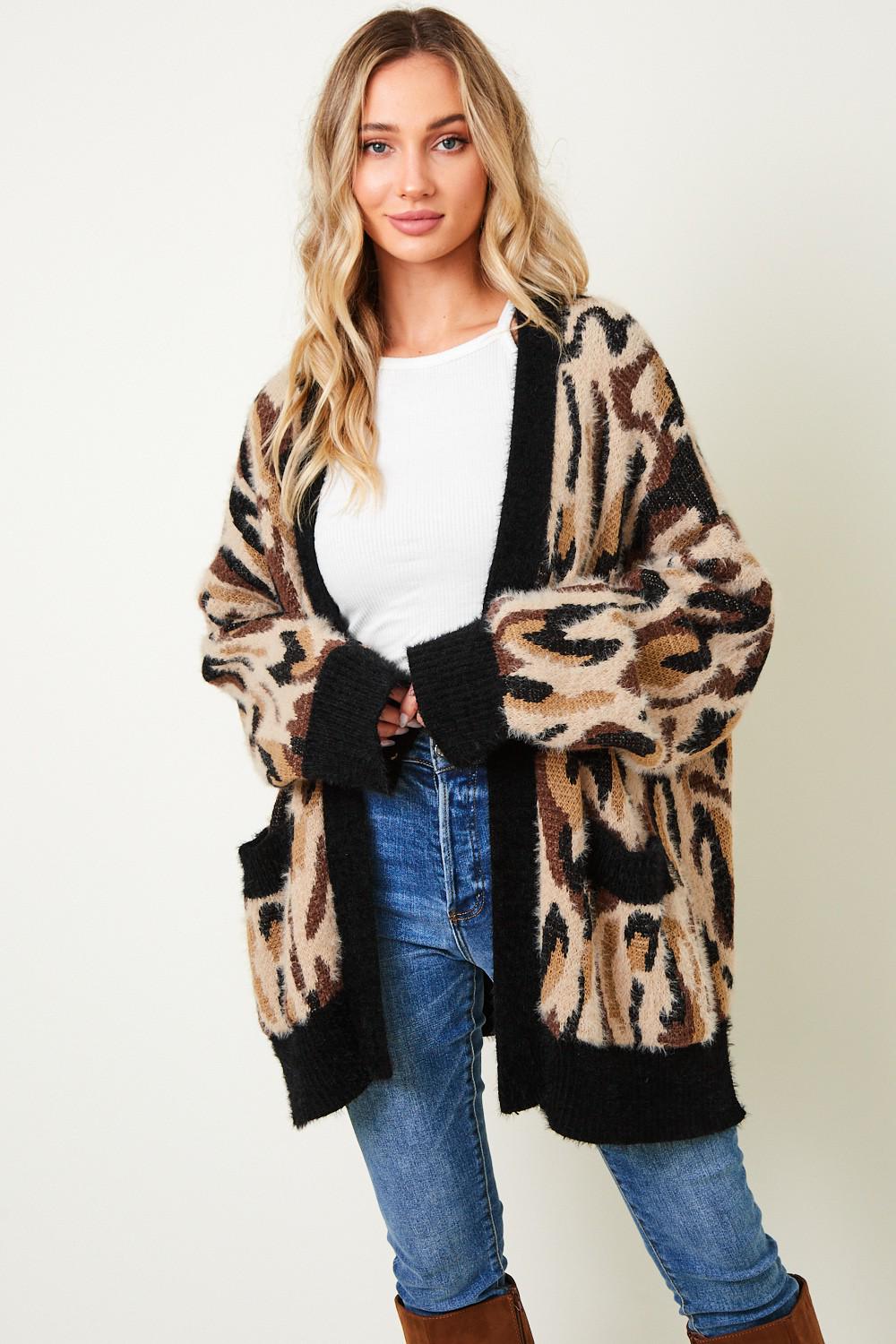 Leopard Print Cardigan: Fuzzy Long Sleeve Animal Sweater