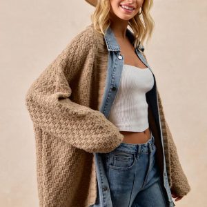 Long Cardigan Sweater With Washed Denim: Jean Patchwork