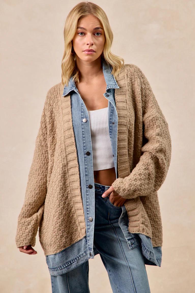 Long Cardigan Sweater With Washed Denim: Jean Patchwork